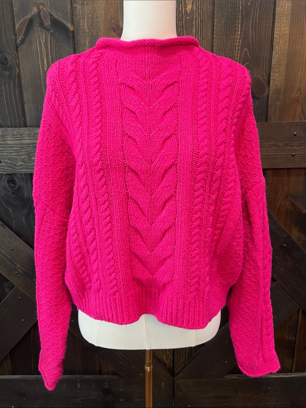 Anthropologie Pilcro Pink Oversized Cropped Mock Sweater L Cable Knit Slouchy